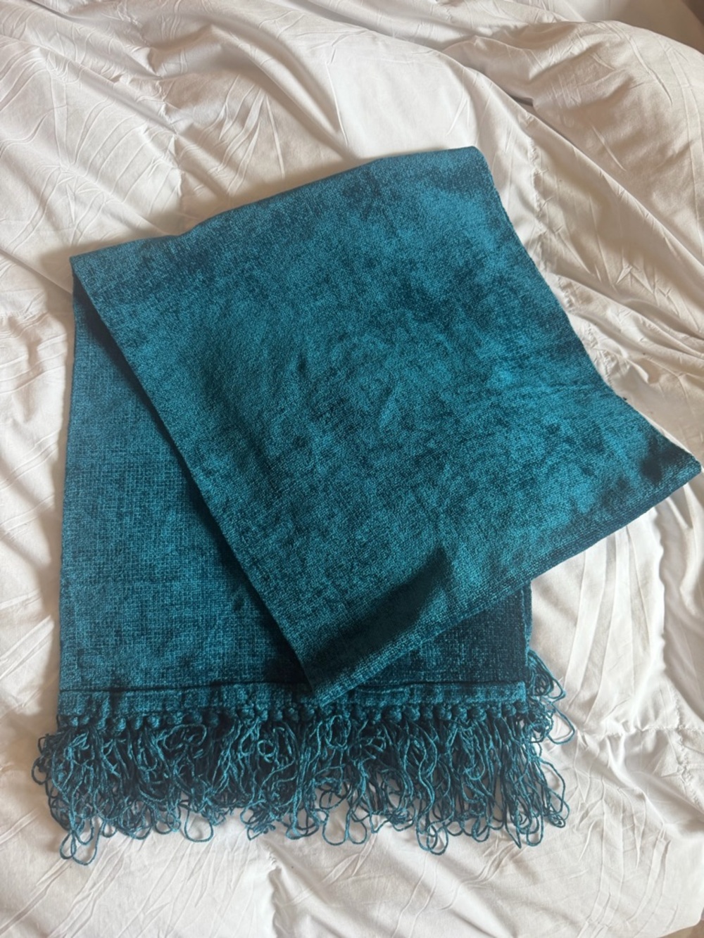 Teal Velvet Chenille Fringe Scarf Vintage